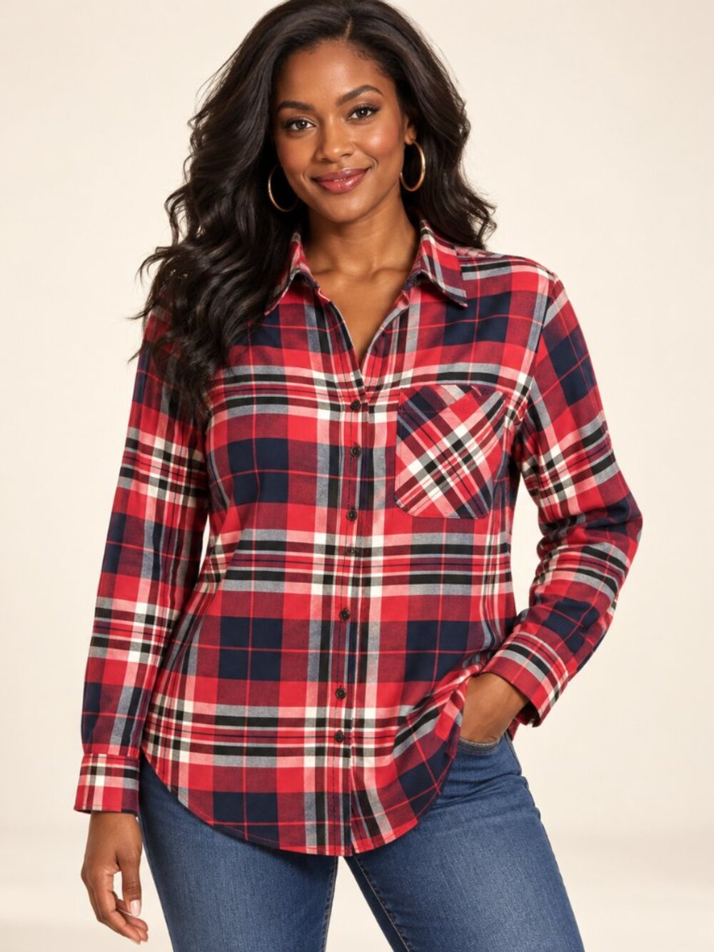 Trina Turk Red Navy Plaid Button Down Shirt Size S
